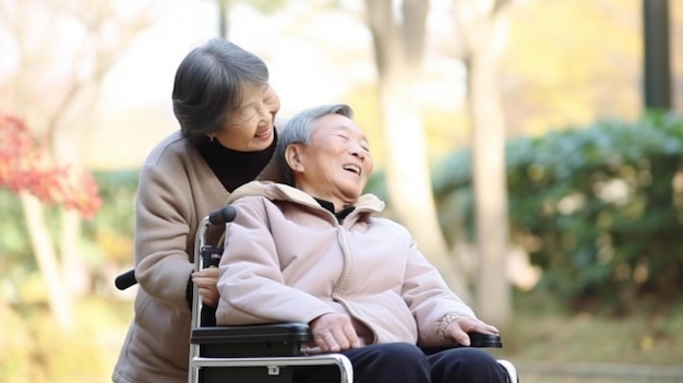 una mujer mayor en silla de ruedas con una mujer más joven