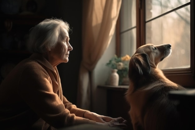 Mujer mayor sola sentada cerca de la ventana con perro IA generativa