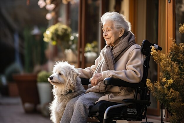 Mujer mayor solitaria en silla de ruedas con perro en un hogar de ancianos mirando por la ventana