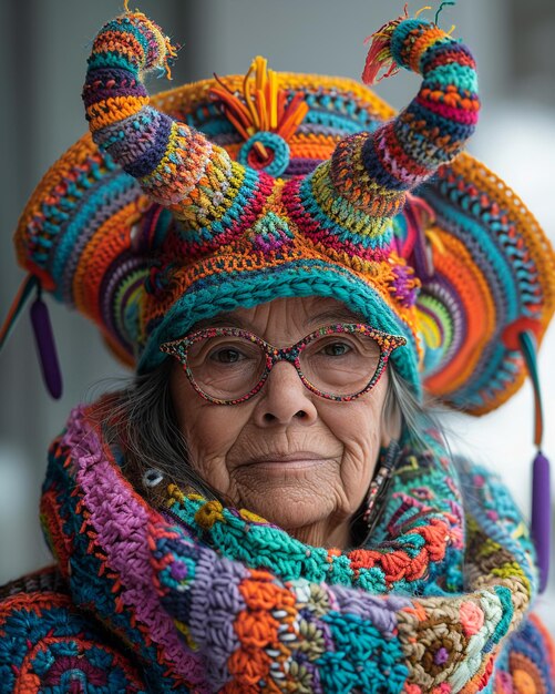 una mujer mayor con un sombrero colorido con la palabra "cita salpicada" en él