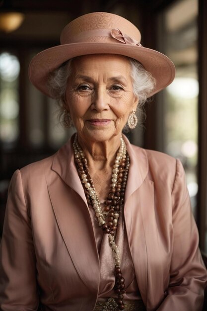 Foto una mujer mayor con un sombrero y un gran collar.