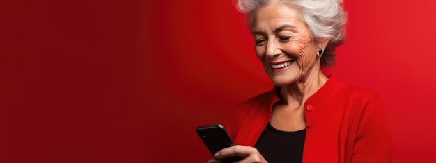 Una mujer mayor sonriendo y riendo con su teléfono contra un fondo de color