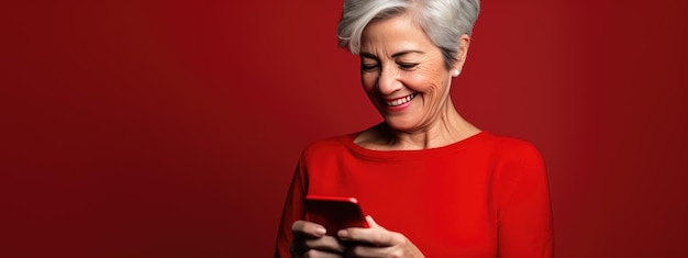 Una mujer mayor sonriendo y riendo con su teléfono contra un fondo de color