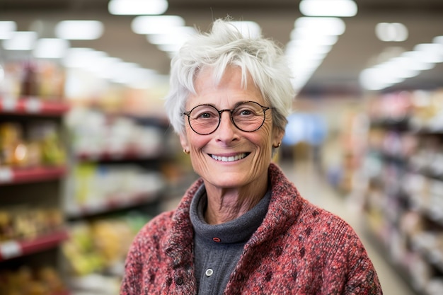 Mujer mayor sonriente de 65 años en un supermercado IA generativa