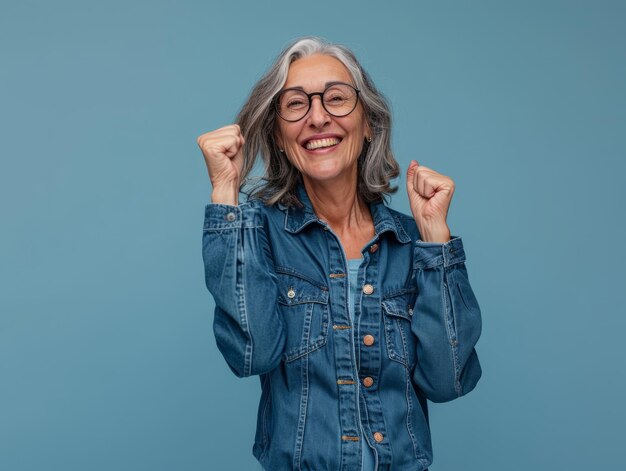 Foto una mujer mayor sonriente con chaqueta de vaqueros y gafas sobre un fondo azul