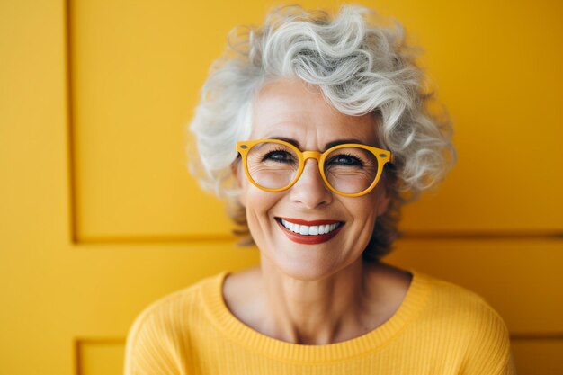 Una mujer mayor sonriente con gafas mirando a la cámara sobre un fondo amarillo