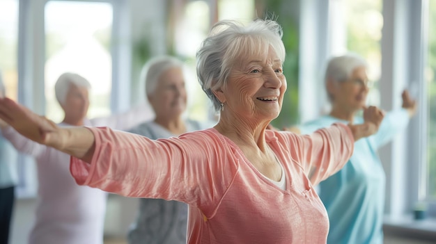 Mujer mayor sonriente haciendo yoga en casa Personas mayores disfrutando de un estilo de vida saludable y practicando yoga juntas