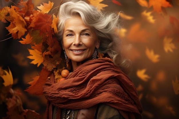 Mujer mayor sonriente con hojas de otoño en el fondo Generar ai