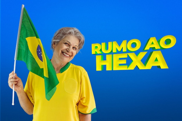 Mujer mayor sosteniendo la bandera de Brasil sobre fondo cinematográfico escrito hacia Hex en portugués