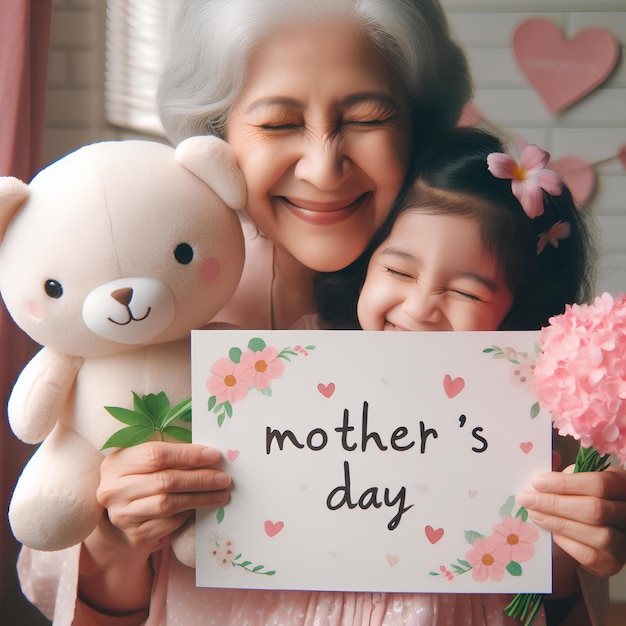 una mujer mayor sosteniendo una tarjeta que dice día de las madres