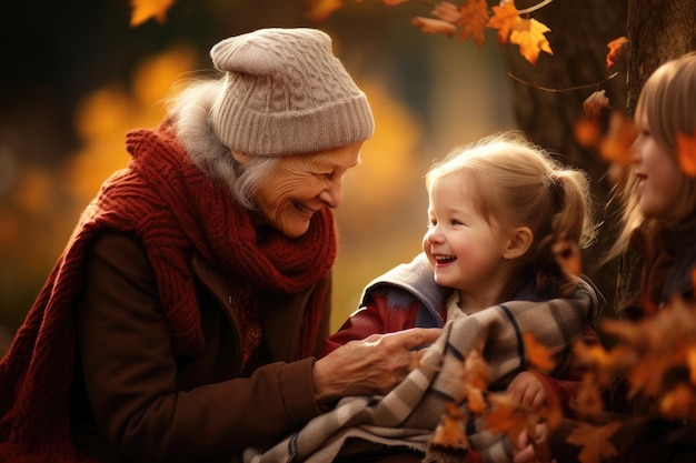 Una mujer mayor sostiene a una niña en sus brazos exudando un conmovedor vínculo de amor y cuidado abuela y madre sonriendo al bebé en el parque de otoño AI generado