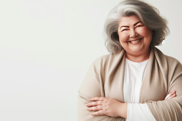 Foto mujer mayor de tamaño sonriendo en un fondo blanco espacio de copia