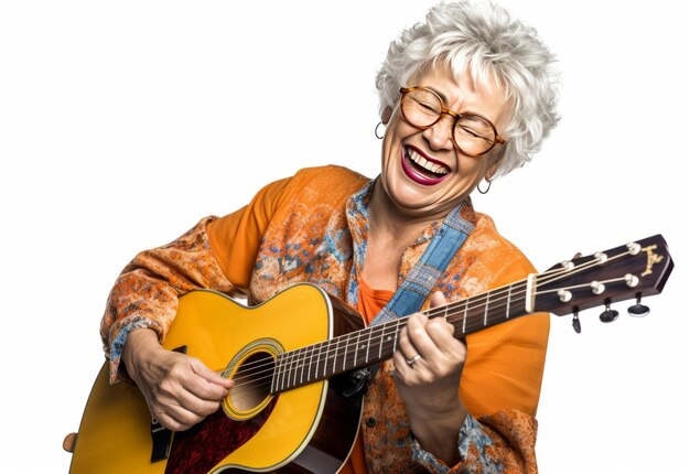 Foto mujer mayor tocando la guitarra acústica