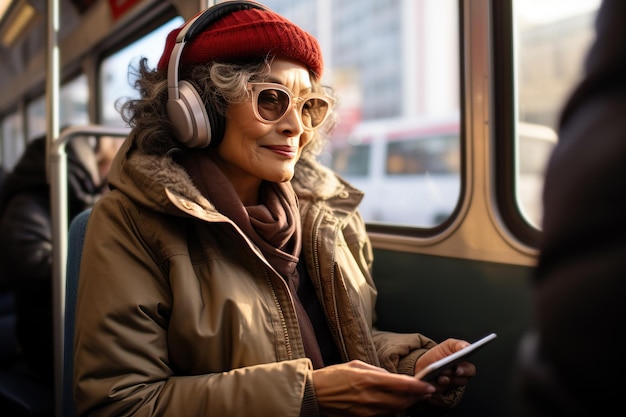 Mujer mayor usando teléfono y auriculares en el autobús IA generativa