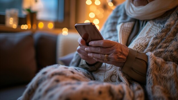 una mujer mayor utiliza un teléfono inteligente para navegar por las redes sociales y comunicarse con amigos y familiares