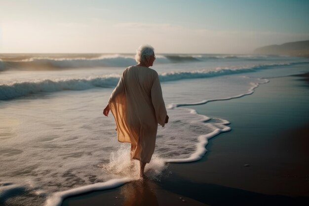 Foto una mujer mayor con un vestido blanco camina a lo largo de la orilla durante la puesta de sol disfrutando de la libertad y la relajación