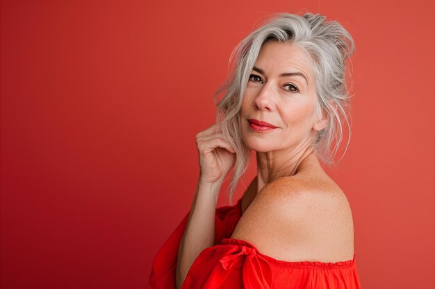 Foto una mujer mayor con un vestido rojo posando contra un fondo rojo