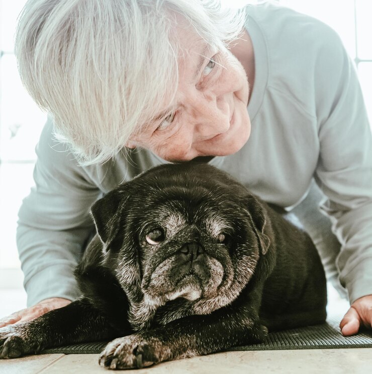 Mujer mayor y viejo perro pug en casa disfrutando de la relación y mejores amigos para siempre concepto