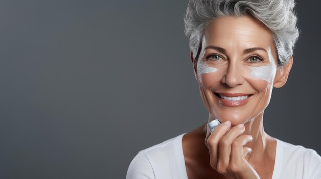 Foto mujer de mediana edad se aplica una crema rejuvenecedora en la cara creado con tecnología de ia generativa