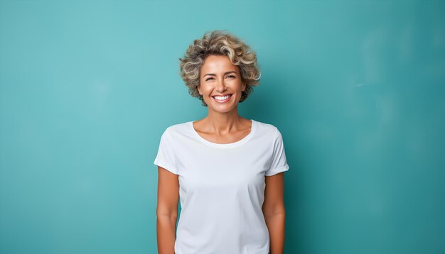 Foto mujer de mediana edad con cabello gris corto sonriendo felizmente expresa juventud y alegría