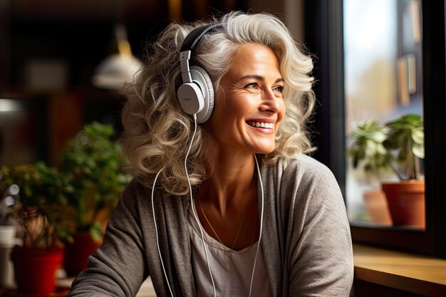 Mujer de mediana edad con canas en auriculares imagen generativa de ai