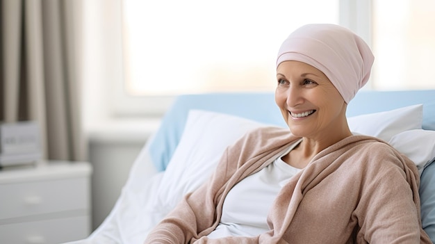 Mujer de mediana edad con cáncer con pañuelo en la cabeza sentada en una silla de ruedas en un hospital