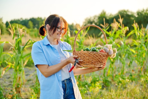 Mujer de mediana edad con cesta de verduras orgánicas frescas en la granja del jardín