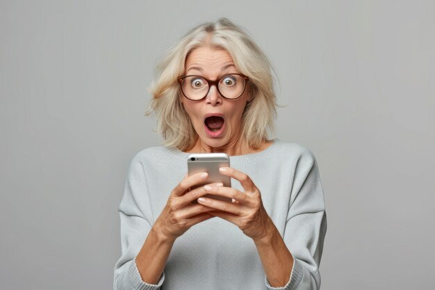 Mujer de mediana edad conmocionada y sorprendida leyendo noticias usando un teléfono inteligente