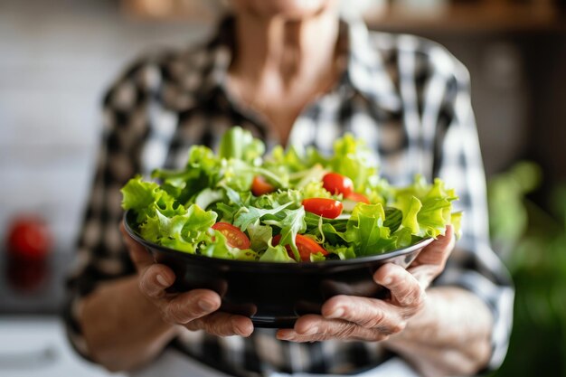 Mujer de mediana edad con ensalada de verduras en un cuenco