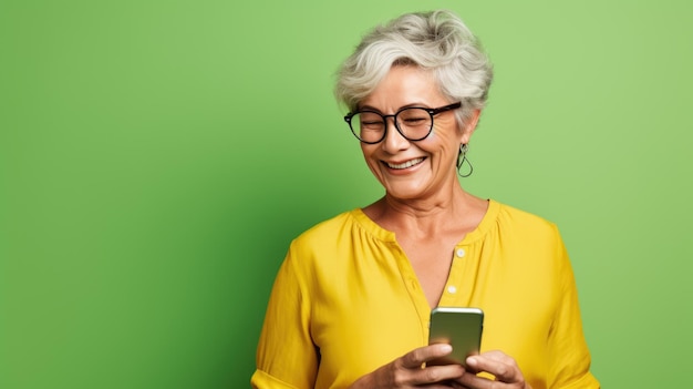 Mujer de mediana edad está usando un teléfono celular en un fondo verde