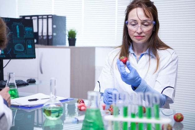 Mujer de mediana edad haciendo investigación de frutas de fresa en laboratorio. Procesamiento de Alimentos y Control de Calidad.