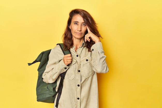 Mujer de mediana edad lista para viajar con mochila en la sien amarilla señalando con el dedo pensando