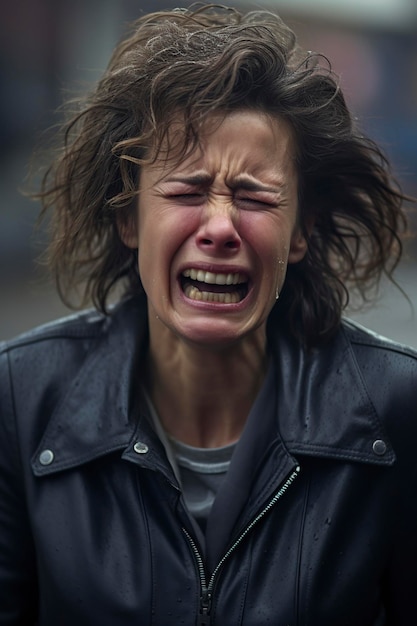 mujer de mediana edad llorando en las calles de la ciudad