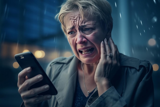 Mujer de mediana edad llorando locamente en la calle llorando persona triste sofá solitario Generar Ai