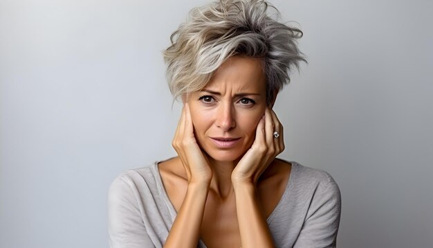 Mujer de mediana edad con las manos en la cara expresando preocupación depresión y tristeza con una mirada perdida fondo gris