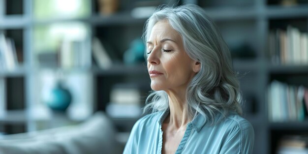 Mujer de mediana edad meditando en casa para promover el bienestar mental Concepto Meditación de bienestar mental Mujer de media edad Cuidado personal en el hogar