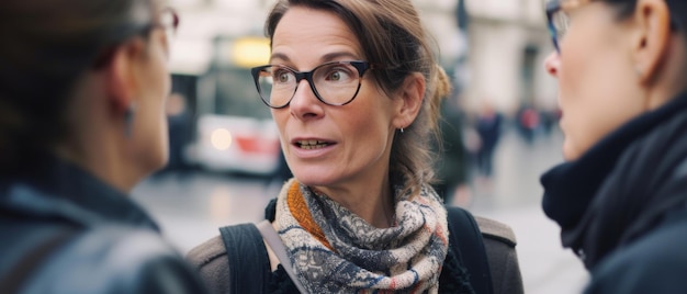 Mujer de mediana edad participando en una conversación profunda en una concurrida calle de la ciudad