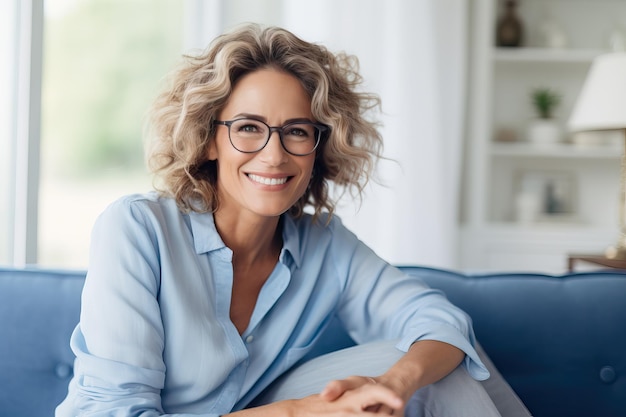 Mujer de mediana edad positiva persona femenina con gafas en el sofá y relajarse sola en casa