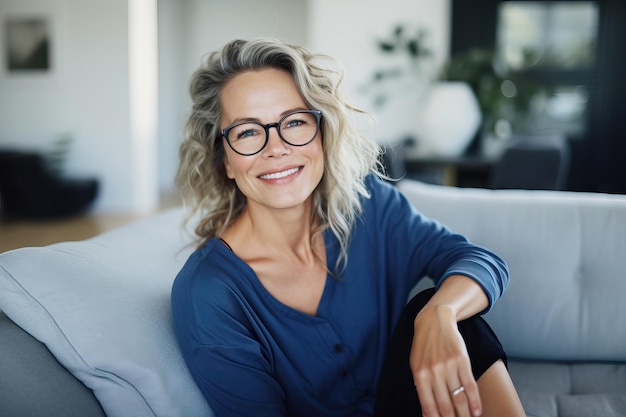 Mujer de mediana edad positiva persona femenina con gafas en el sofá y relajarse sola en casa