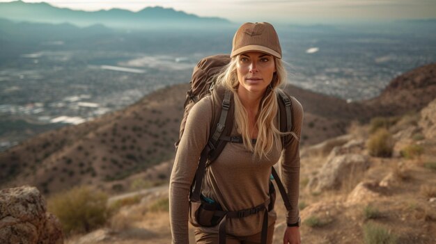 Foto una mujer de mediana edad con ropa de entrenamiento marrón sube una montaña