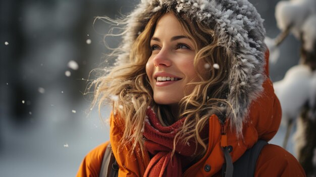 Foto una mujer de mediana edad satisfecha disfrutando del aire del bosque invernal.