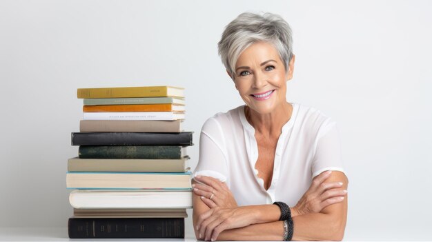 Mujer de mediana edad se sienta en un fondo gris junto a pilas de libros