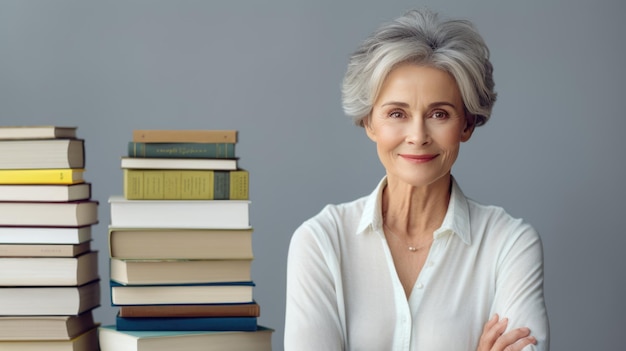 Una mujer de mediana edad se sienta sobre un fondo gris junto a montones de libros