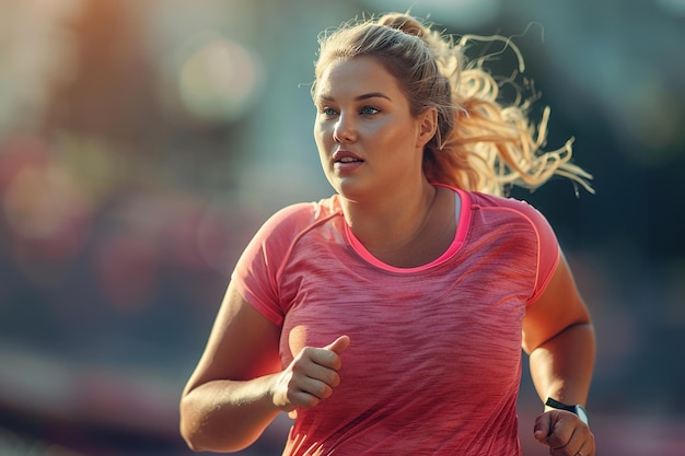 Mujer de mediana edad con sobrepeso perdiendo peso mientras corre camiseta deportiva rosa fondo borroso de la ciudad