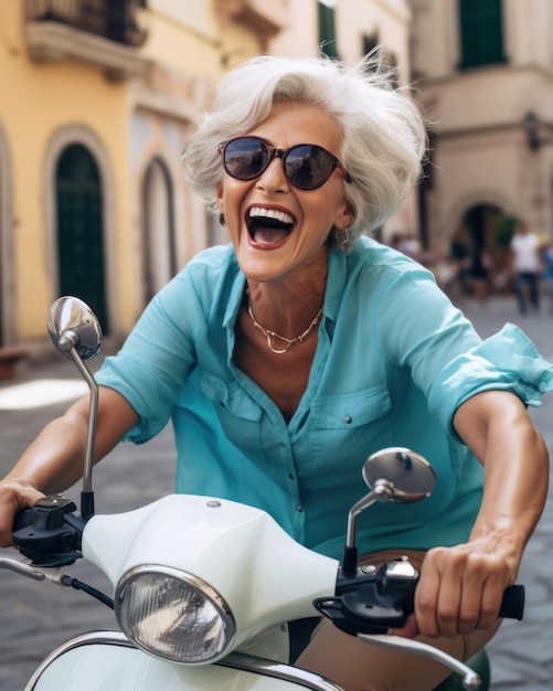 Mujer de mediana edad sonriente montando una motocicleta