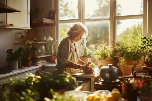 Foto una mujer de mediana edad sonriente sentada en la cocina doméstica en casa, una anciana madura soltera en la sala de estar.