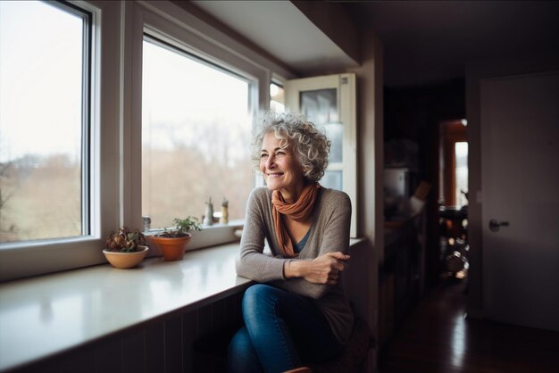 Foto una mujer de mediana edad sonriente sentada en la cocina doméstica en casa, una anciana madura soltera en la sala de estar.