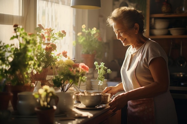 Foto una mujer de mediana edad sonriente sentada en la cocina doméstica en casa, una anciana madura soltera en la sala de estar.