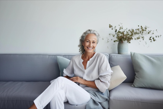 Foto una mujer de mediana edad sonriente sentada en el sofá en casa, una anciana madura soltera en la sala de estar.