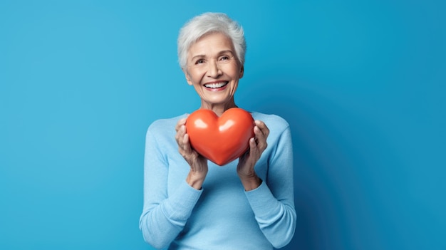 Mujer de mediana edad con un suéter azul sostiene un corazón rojo sobre un fondo azul Creado con tecnología de IA generativa